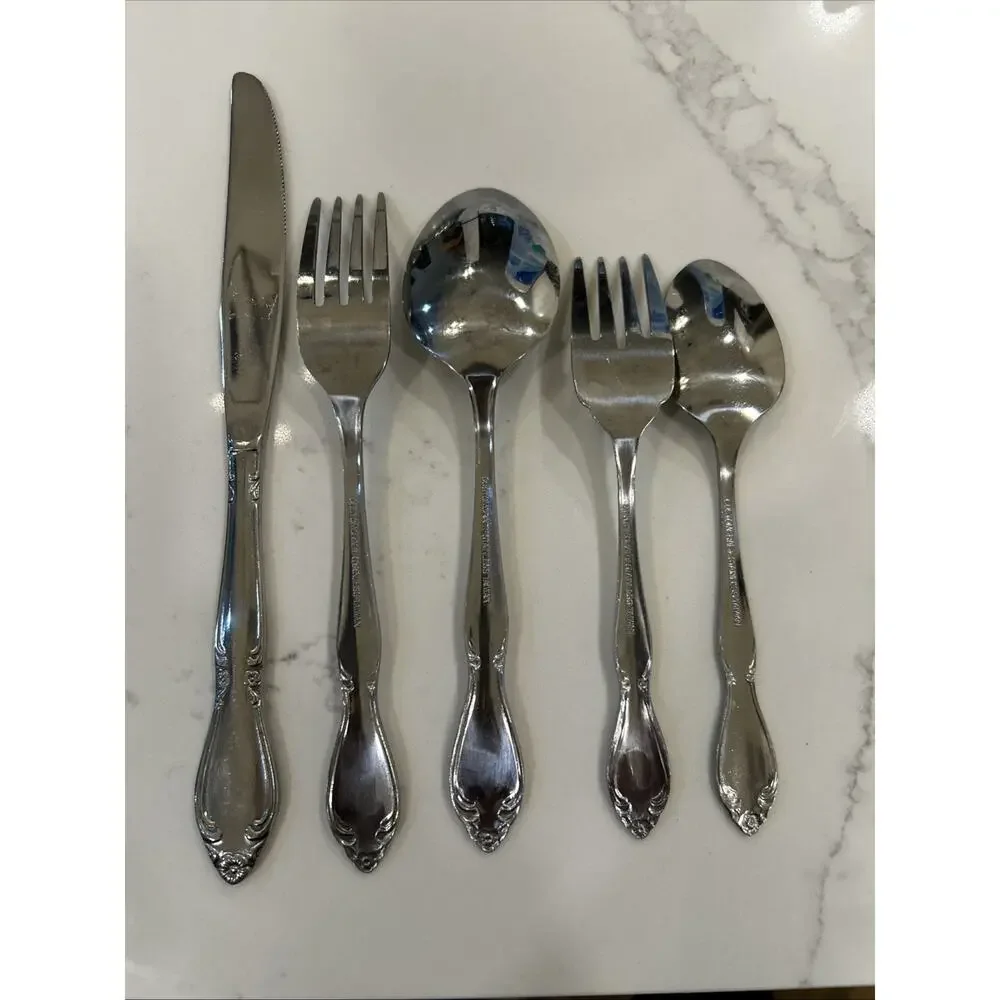 Vtg 5 Pc Place Setting “T” Monogram Custom Made Floral Stainless Flatware Taiwan